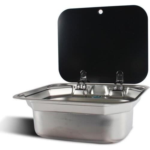 RV Kitchen 420 mm Tempered Glass Cover Square and Stainless-Steel Camper Sink Motorhome