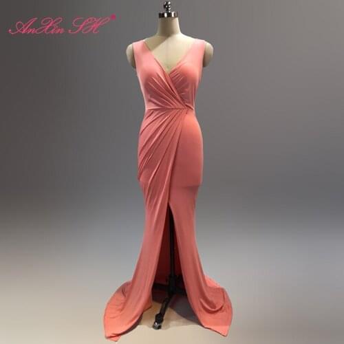 AnXin SH vintage pink satin mermaid evening dress white party green sexy v neck red sleeveless trumpet black evening dress 1533