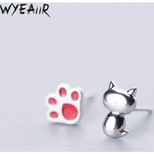 WYEAIIR Asymmetry Cute Sweet Literary Fresh Cat Claws 925 Sterling Silver Female Stud Earrings