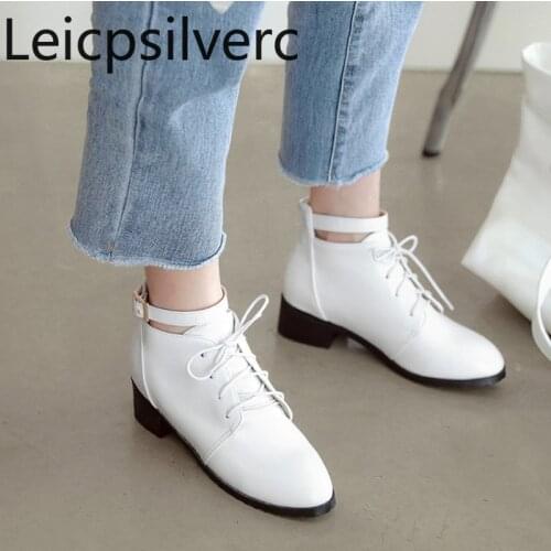 Womens Boots winter fashion belt buckle Round head Lace-up Thick heel Low-heeled Short tube Womens shoe plus size 32-43