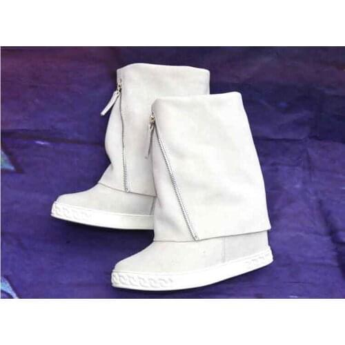 Spring New Brand Women Solid Black/Gray Color Round Toe Zipper Front 8 cm Height Increasing Wedges Mid-calf Short Boots Lady