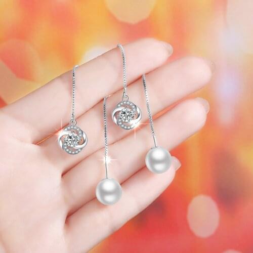 Womens Fashion Clover Flower Drop Earrings Shiny Crystal Zircon Stone Pearl Box Chain Elegant Dangle Piercing Earring Best Gift