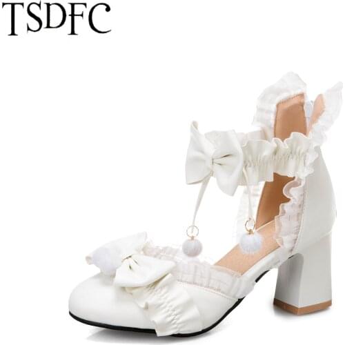 New 2021 Ladies Heels Kawaii Mary Jane Lolita Shoes Sandals Cute Bow Lace Princess Party High Heel Buckle Women Pumps Pink
