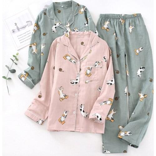 Ladies Pajamas Set 100% Gauze Cotton Cartoon Dog Printed Pyjamas Women 2Pcs Turn-down Neck Shirt+Pants Comfort Nature Sleepwear