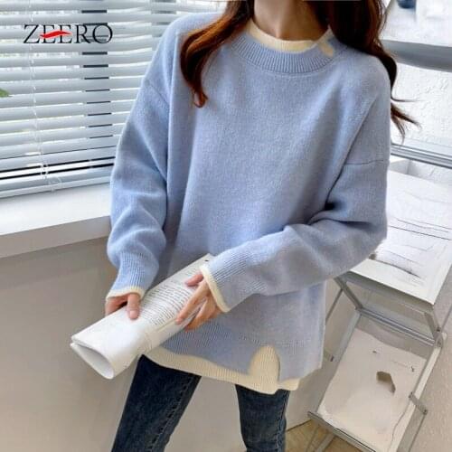 Korean Fake Two Pieces Pullover Autumn Winter Sweater Women Causal Long Sleeve Knitwear Top Jumpers Plus Size Cropped Sweater