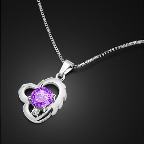 Elegant Purple Crystal Silver Necklace Solid 925 Silver Heart-shaped Pendant Chain. High quality lady Sterling silver jewelry