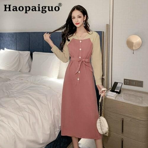 Plus Size 2019 Autumn Dress Casual Women Long Sleeve Singer Button Contrast Midi Dress Women Blue Bodycon Dress with Sashes Robe