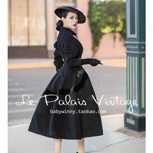 40- winter women vintage 50s Audrey Hepburn long swing black wool coat rockabilly pinup abrigos mujer plus size jacket