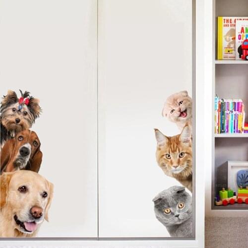 3D funny cat and dog Wall sticker, door, window, closet, fridge, kids room decorations, home decor, animal drawing vinyl sticker
