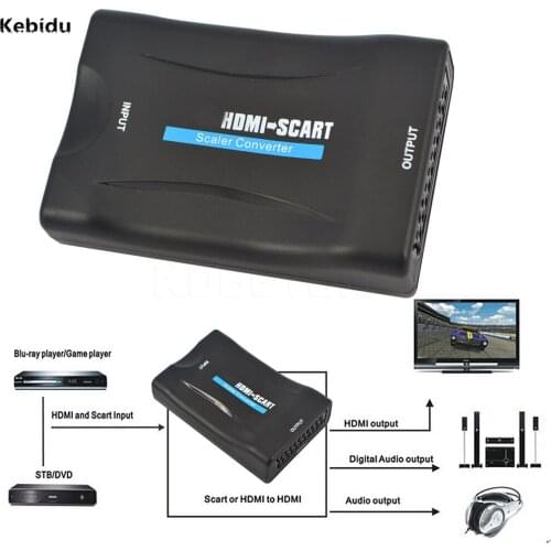 Kebidu AV Signal Adapter HD Receiver TV DVD 1080P HDMI-compatible to SCART Video Audio Upscale Converter with US/EU Power Plug