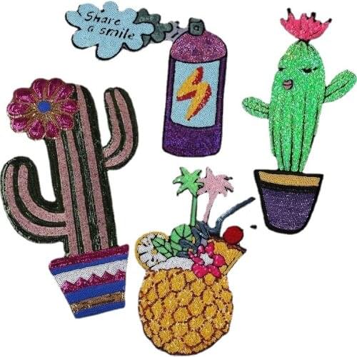 Large Size Sequin Cactus Tree Patches Sewing Embroidered Applique for Jacket Clothes Stickers Badge DIY Apparel Accessories