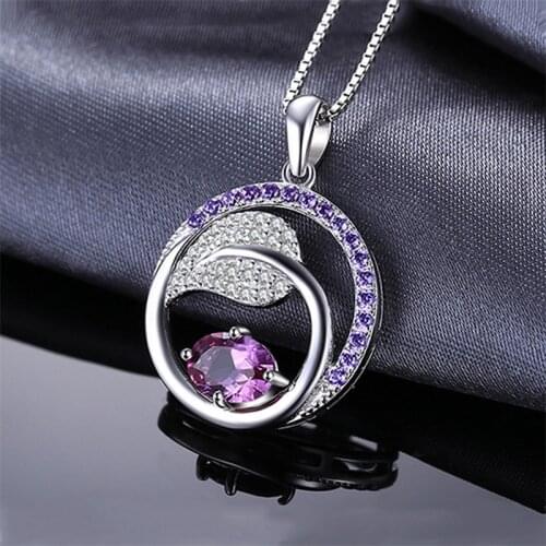 Charm Female Purple Crystal Pendant Necklace Classic Silver Color Chain Necklaces For Women Luxury Round Leaf Wedding Necklace