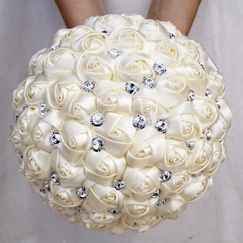 White Satin Roses Wedding Bouquet Gem Diamond Royal Blue Ribbon Artificial Flowers de Mariage Bouquet ramos de ovia W323-2