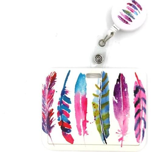 Pink Feathers Color Leaves Cute Card Cover Clip Lanyard Retractable Student Nurse Badge Reel Clip Cartoon ID Card Badge Holder