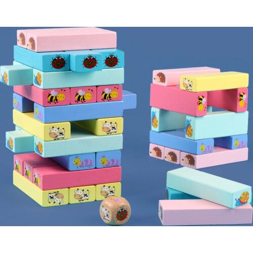 Wooden Stacking Tumbling jenga blocks for adults Educational Toys Kids Interaction Board Game Animals and Color cognition learn