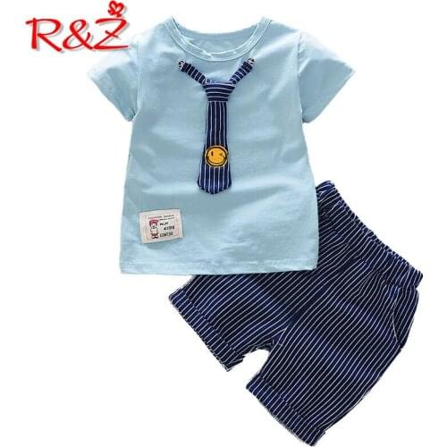 R&Z baby suit 2019 Summer New Boys Set Cartoon Smile T-Shirt Short Sleeve Fake Tie Stripe Shorts Two-Piece Set