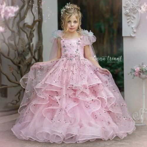 Elegant Pink Flower Girl Dresses For Wedding Lace Bow Girls Pageant Gowns Tiers Birthday Wear First Communion Dress