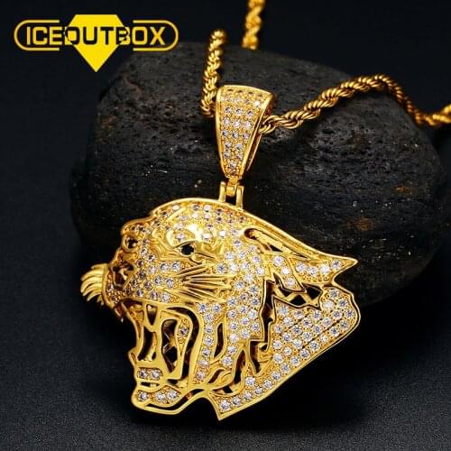 ICEOUTBOX New Roaring Animal Crystal Rhinestone Pendant Necklace CZ Fashion Chain Necklaces For Women Mens Hip Hop Jewelry Gift