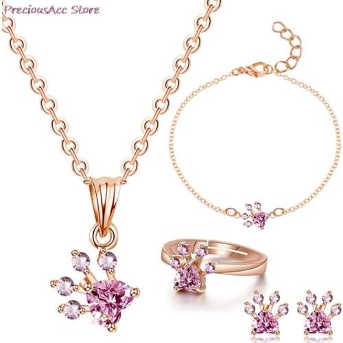 4pcs/set Cat Footprints Jewelry Set Women Pet Animal Paw Necklace Bracelet Ring Drop Earing Chain Set Jewelry Kits Decor Gifts