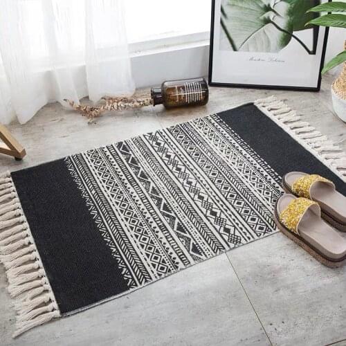 Boho Cotton Tassel Rug Gray Black Retro Hand knotted Carpet for Living Room Bedside Floor Mat Geometric Bedroom Rugs Home Decor