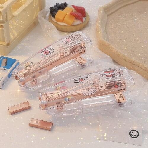 Yisuremia New Kawaii Rose Gold Metal Manual Stapler 24/6 With 100pcs Staples Transparent Stapler School Stationery Free Sticker
