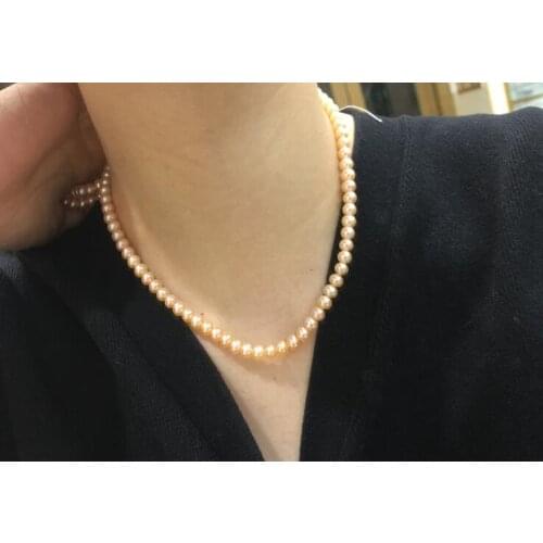 7mm bright pink real Pearl choker necklace gold clasp natural Freshwater PEARL Women Jewelry 17'' 43cm 35cm