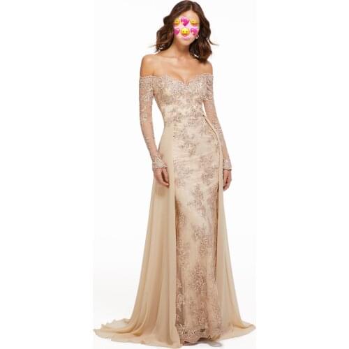 Champagne Applique Mermaid Long Sleeves Mother Of The Bride Dress Beaded Detachable Chiffon Train Prom Evening Dresses