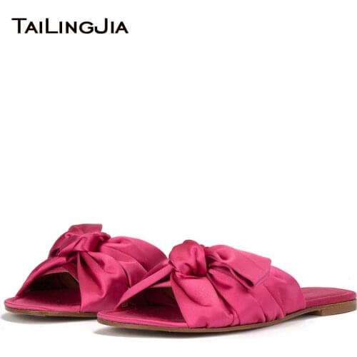 Satin Slippers Bow Flat Women Sandals Knotted Summer Ladies Shoes Without Heel 2021 Black Flats Slides Female Footwear Plus Size