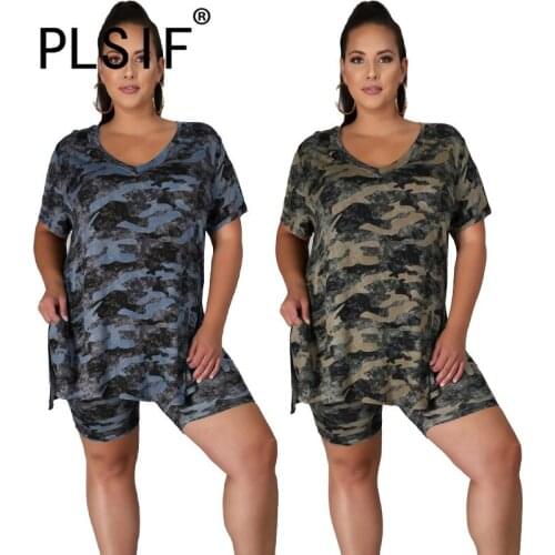 O Neck Short Sleeve Camouflage Crop Top And Hot Short 2 Pieces Set High Street Tracksuits