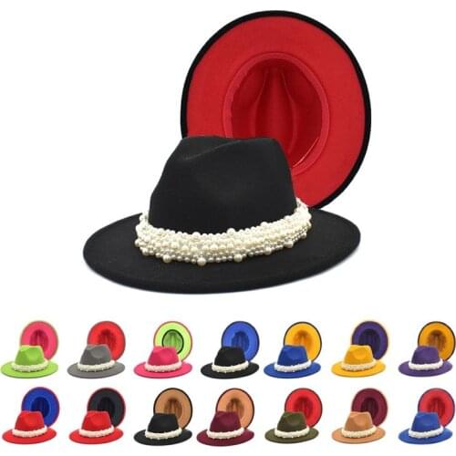 2021 Women Hats Winter Wide Brim Band Belt Pearl Panama Jazz Caps Formal Church Winter Women Hats White Pink Fedora Felted Hats