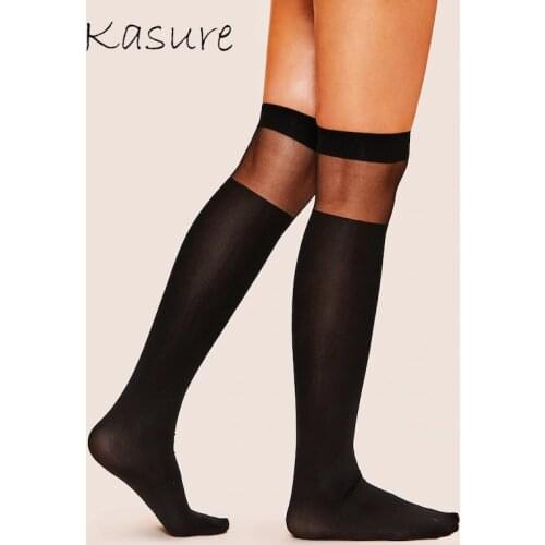 KASURE Silky Transparent Knees High Mesh Stockings For Women Girls Fashion Fishnet Solid Black Color Segmentation Stocking