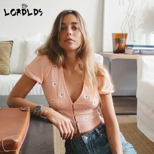 LORDLDS Women Crop top t shirt summer Casual Knit aesthetic clothes Short sleeve v neck ladies summer tops 2020 cotton