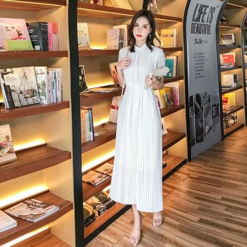 BEST Spring 2019 Long Pleated dress Summer Casual Women High Waist Elascity