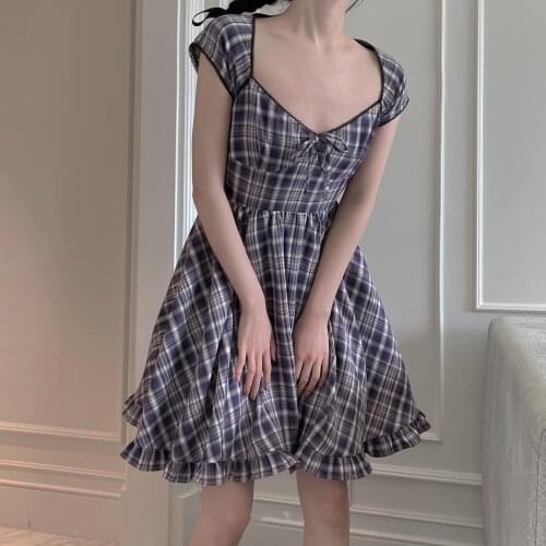 Purple Plaid Black Lace Up Women Mini Dresses Harajuku Short Sleeve ALine Party Dress Summer Fashion Streetwear 2021