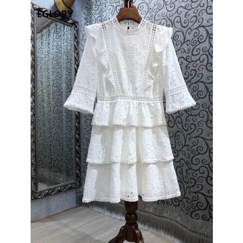 100%Cotton Embroidery Dress 2021 Summer Women Ruffle Deco Flare Sleeve Slim Fitted A-Line Casual Party White Dress Vestidos