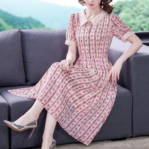 2021 Pink Floral Chiffon Beach Midi Dress Summer Vintage Casual Jacquard Sweet Dress Women Elegant Bodycon Party Runway Vestidos