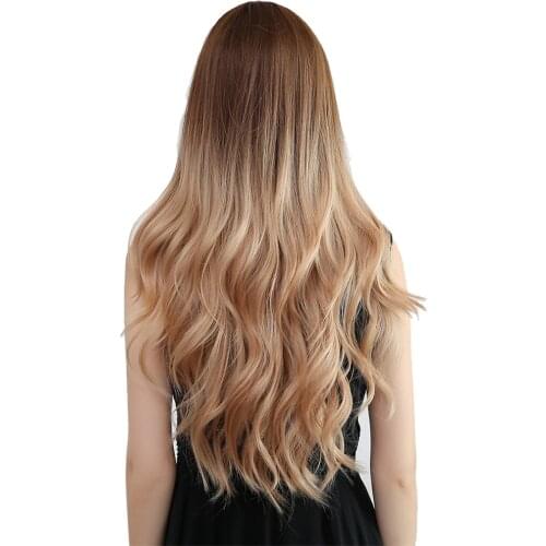 28'' Women Natural Look Long Wavy Dark Brown Ombre Blonde Wigs for Party Cosplay