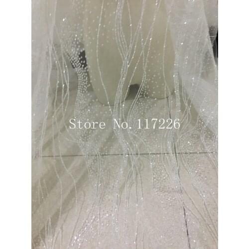 5yards JRB-5903 New material mesh tulle hand print glitter lace fabric for wedding dress in white color