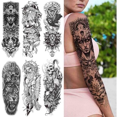 Large Tribal Temporary Tattoos Sleeve For Women Men Adult Black Warrior Full Arm Tattoo Sticker Fake Geometric Lion Skull Tatoos