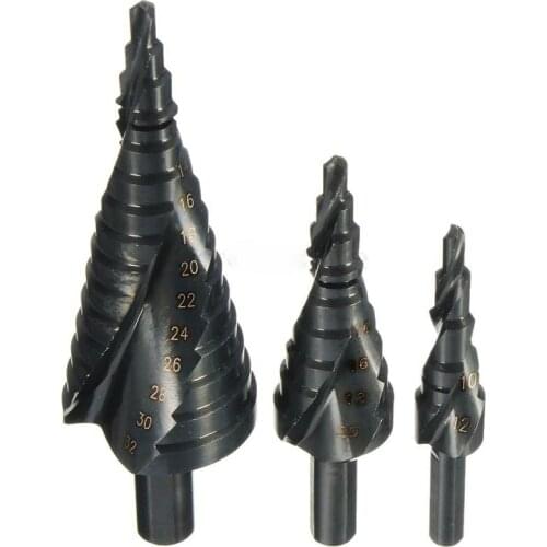 Black 3pcs HSS Spiral Grooved Step Core Drill Bit 4-12/4-20/4-32mm Hole Cutter