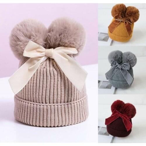 Baby Stuff Double Pompom Hat Winter Knitted Kids Baby Girl Hat Warm Thicker Children Infant Beanie Cap Bonnet Casquette Enfant