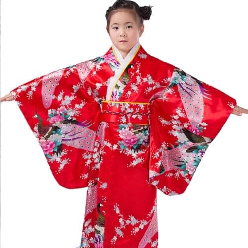Child Silk Print Floral Peacock Dress Robes Japanese Girls Kimono Children Portray Kids Perform Dance Costumes