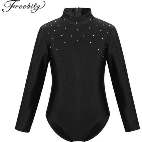 Teens Girls Long Sleeves Gymnastics Leotard Sparkly Rhinestone Kids Ballet Leotards Dance Wear Figure Ice Skating Jumpsuit