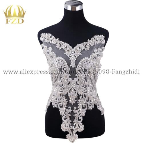 FZD 1 Piece Handmade Sewing Silver Bodice Patches Crystal Appliques for Bridesmaid Wedding Dress Evening Gown DIY Fabric