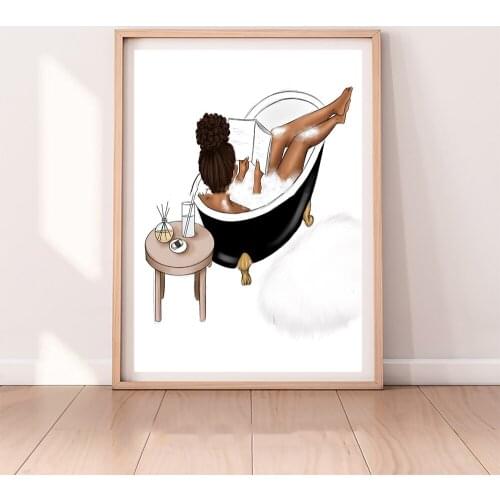 Me Time Girl Take Shower Art Canvas Painting African American Fashion Nordic Poster Wall Pictures for Bathroom Living Room Decor