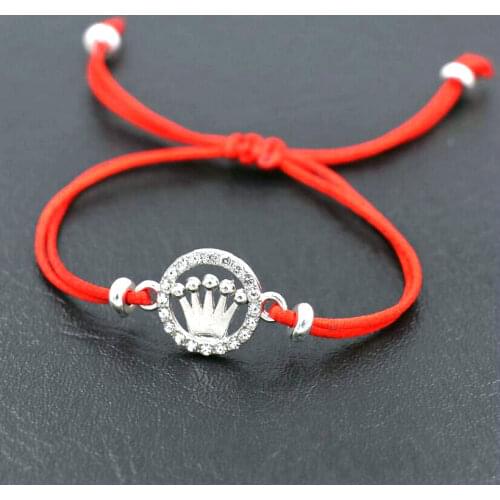 Lucky Silver Color Cubic Zirconia Circle Crown Charm Bracelets Men Red Thread String Bracelet For Women Couples Lovers' Gift