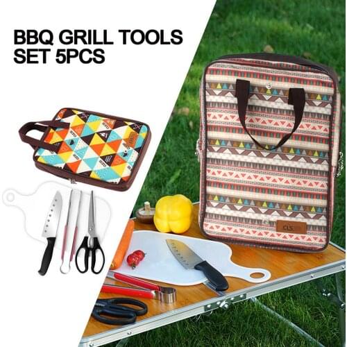 5pcs Bbq Grill Tools Set Cutting Board Cutter Scissors Clip And Storage Bag Barbecue Grilling Utensil Outdoor Cooking Tool Set