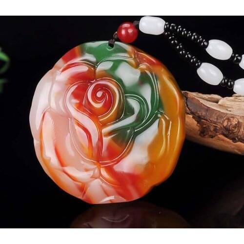Natural Color Hetian Jade Stone Rose Pendant Flower Necklace Chinese Jadeite Jewelry Fashion Charm Amulet Carved Gifts for Women