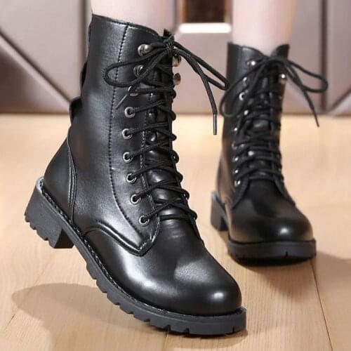 2020 New Motorcycle Boots Lace Up Women Boots Warm Women Shoes Mid-calf Boots Female Winter Shoes For Martin Boots Plus Size 43