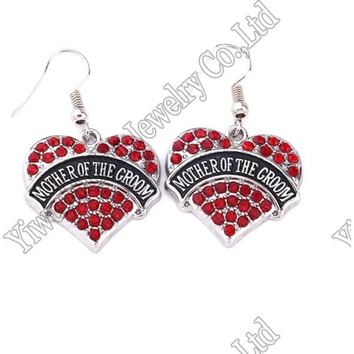 New Arrival Hot Selling fashion rhodium plated earring with sparkling crystals MOTHER OF THE GROOM heart pendant